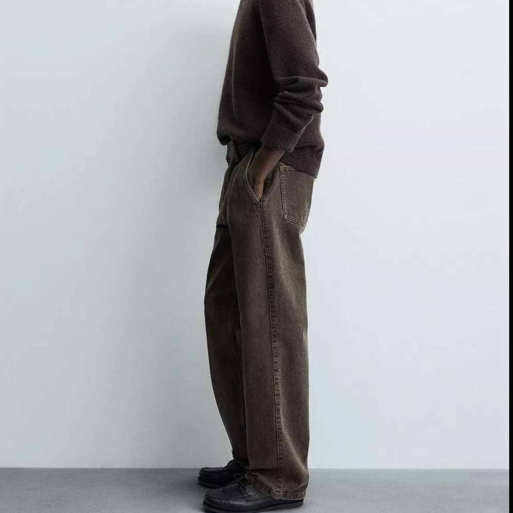 Zara Dark Brown/Taupe wide Straight-Leg Pants - Picture 5 of 9